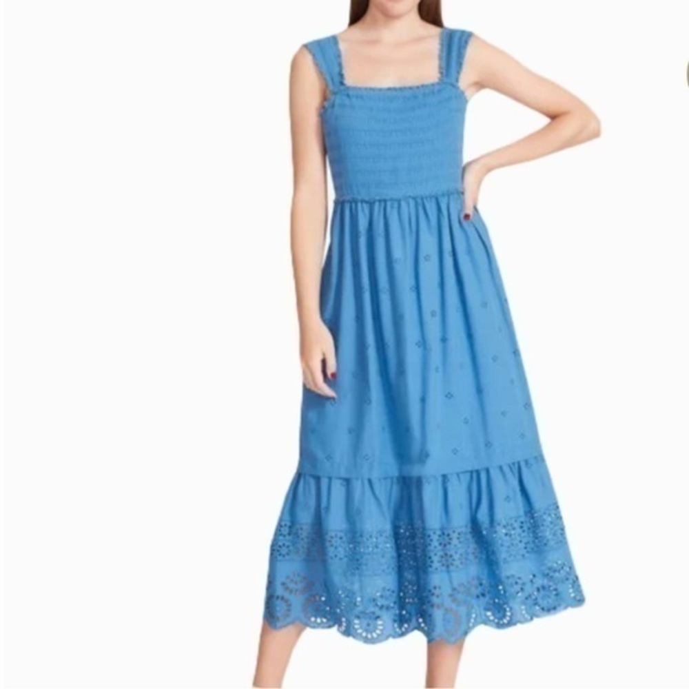 Betsey Johnson Blue Eyelet Midi Dress Size Large Smocked Bodice Tiered